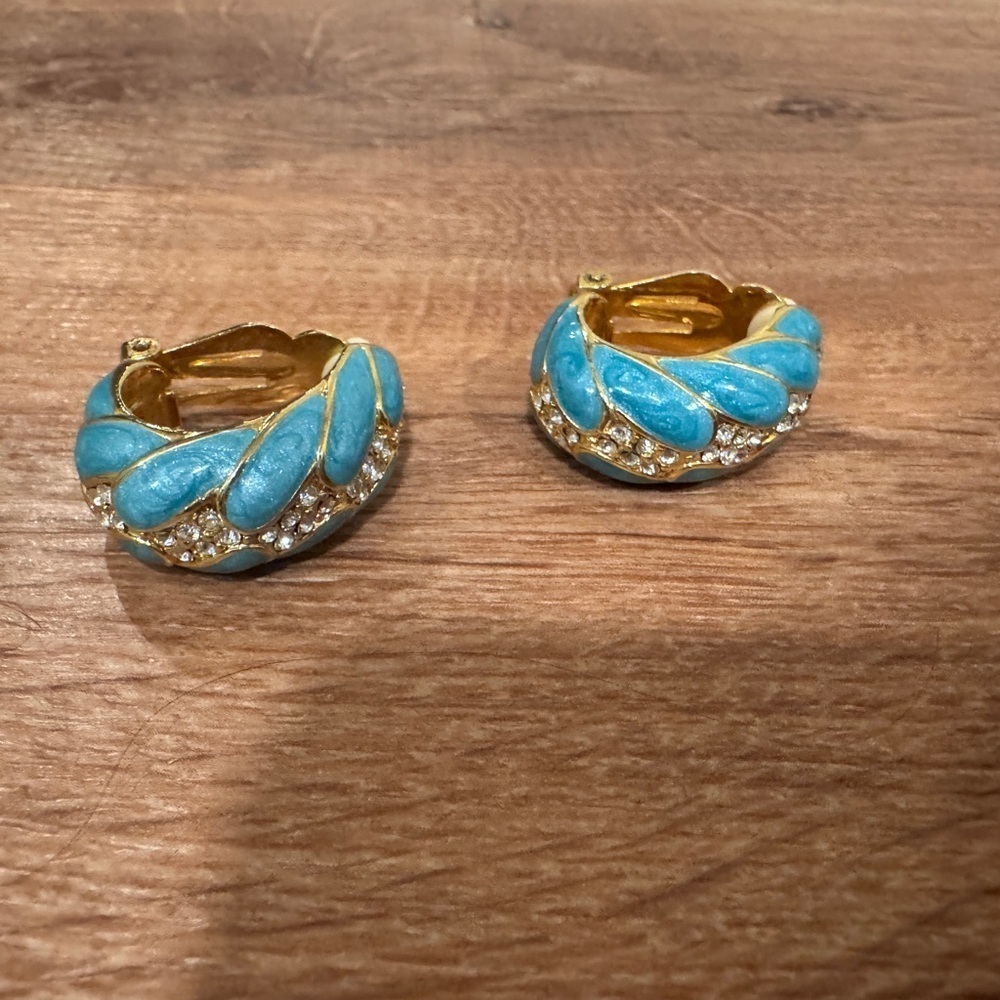 Gold toned and aqua clip on hoop earrings​​​​​
